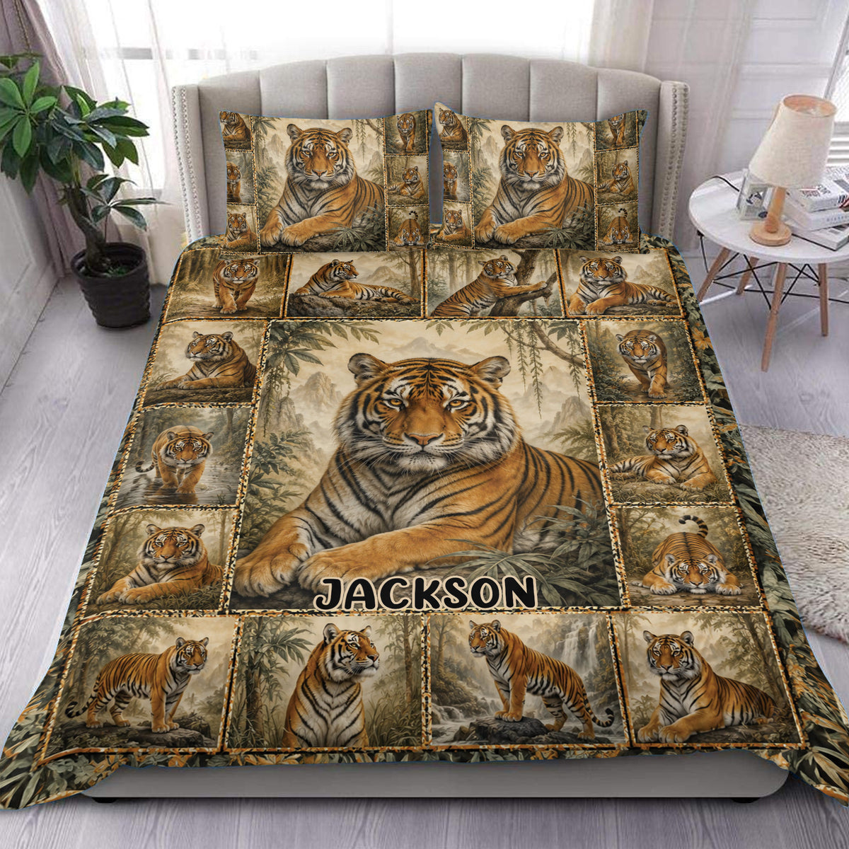 Tiger duvet cover bedding set displayed on a bed with a central tiger portrait and wildlife collage design