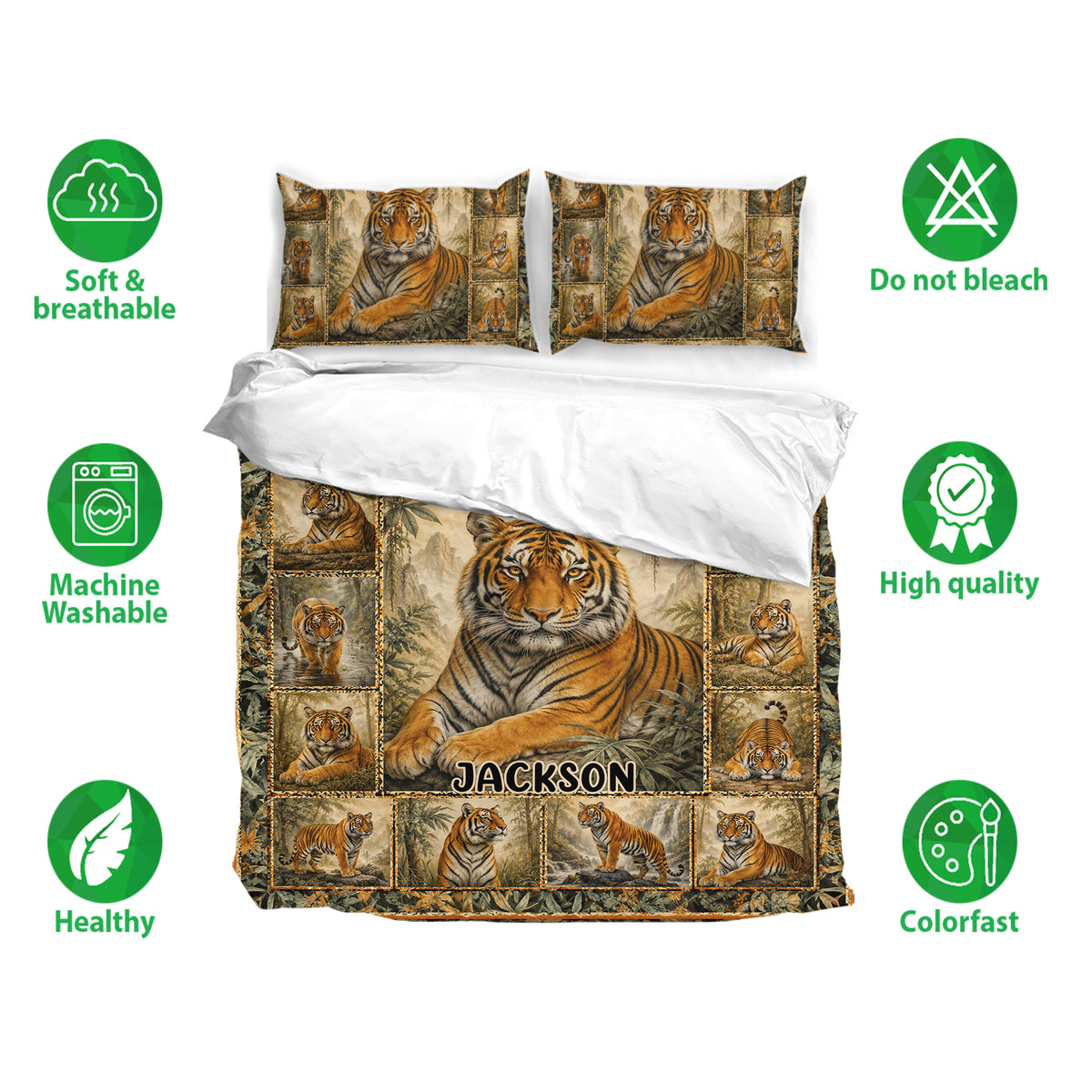 Tiger bedding set shown with matching pillowcases, breathable fabric icons, and a detailed wildlife print