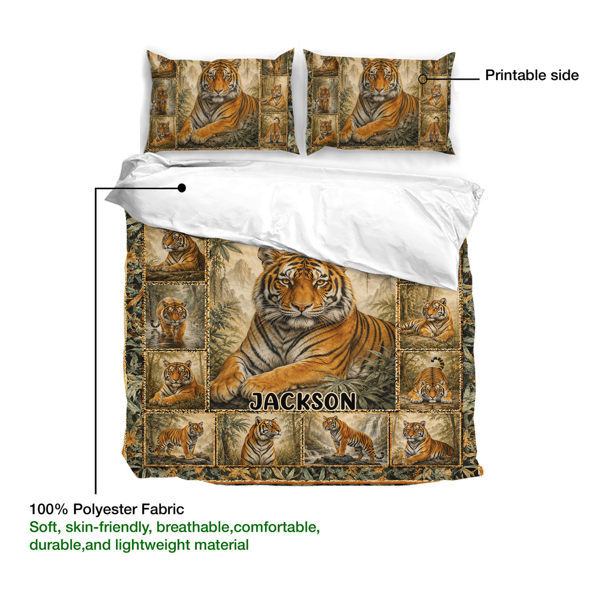Tiger duvet cover with matching pillowcases, printable artwork, and a soft polyester fabric detail guide