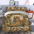 Tiger duvet cover bedding set styled in a bedroom with jungle artwork and repeated tiger portraits