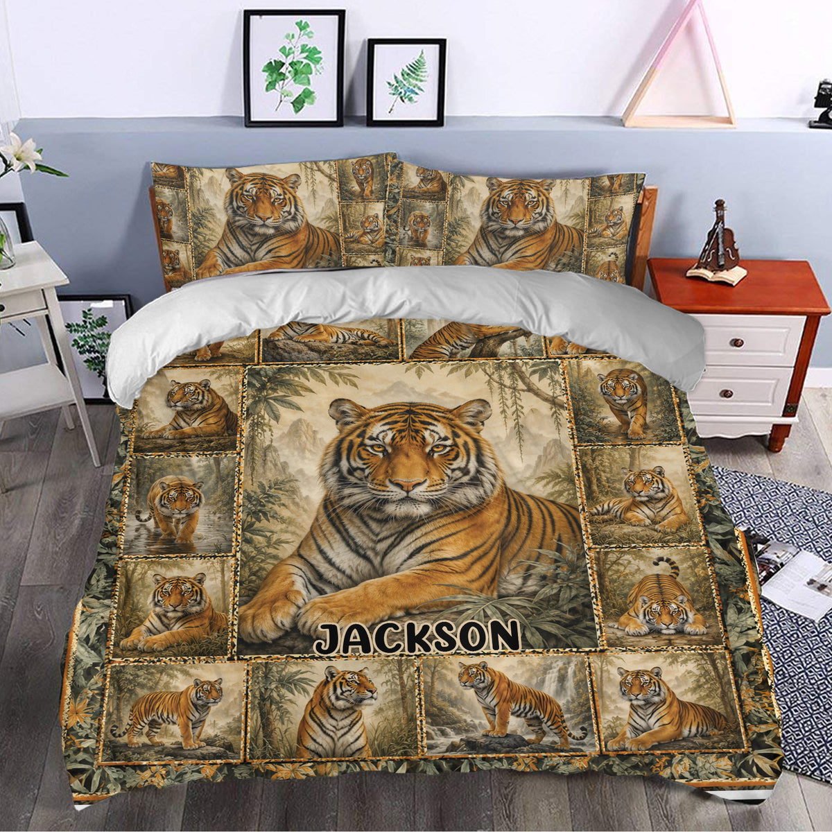 Tiger duvet cover bedding set styled in a bedroom with jungle artwork and repeated tiger portraits