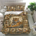 Tiger bedding set displayed in a bright bedroom with a central tiger scene and framed wildlife panels