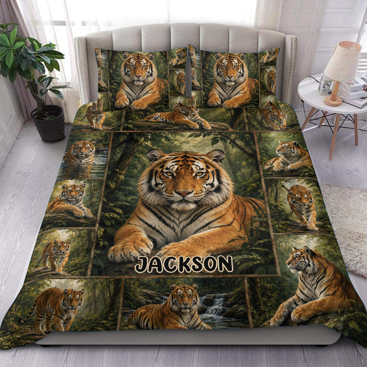 Tiger duvet cover set displayed on a bed with a jungle scene and repeated tiger artwork