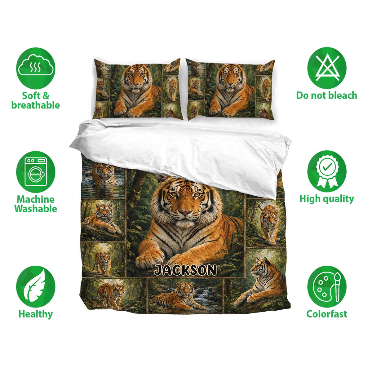 Tiger bedding set shown with matching pillowcases, jungle artwork, and soft breathable fabric icons