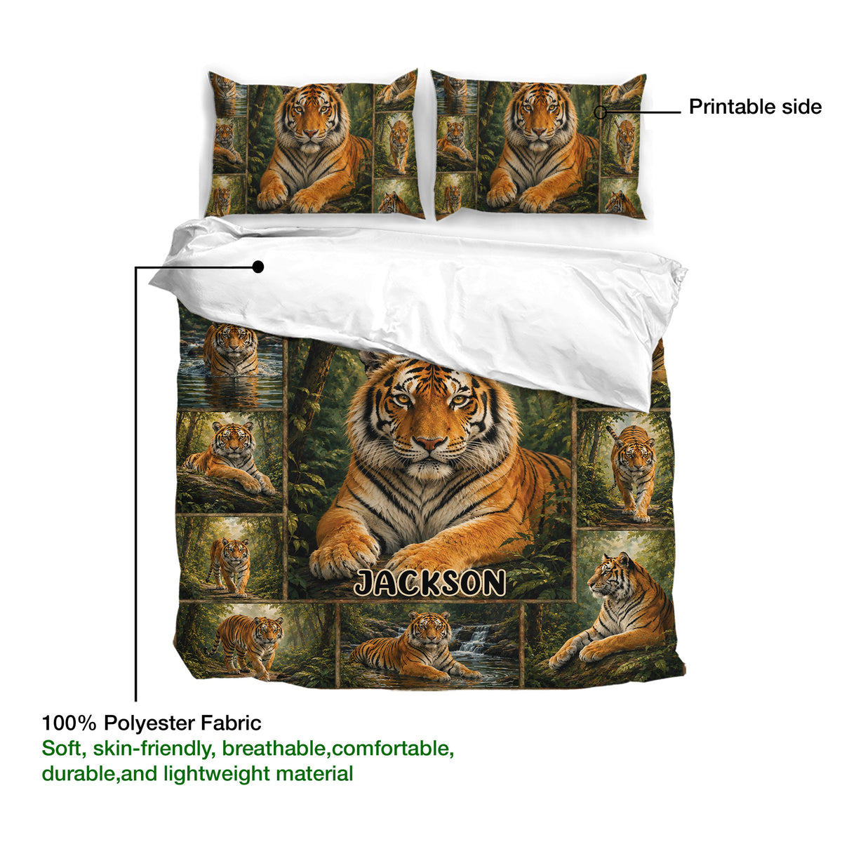 Tiger duvet cover bedding set showing the printed side, white reverse, and lightweight polyester fabric