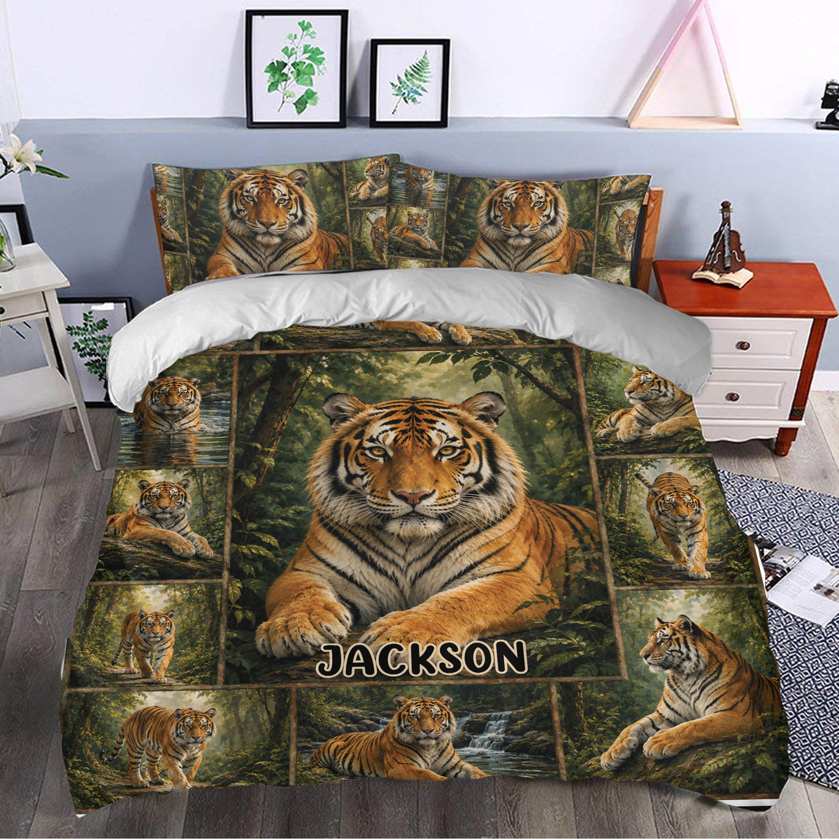 Tiger duvet cover set styled in a bedroom with bold jungle artwork and matching pillowcases
