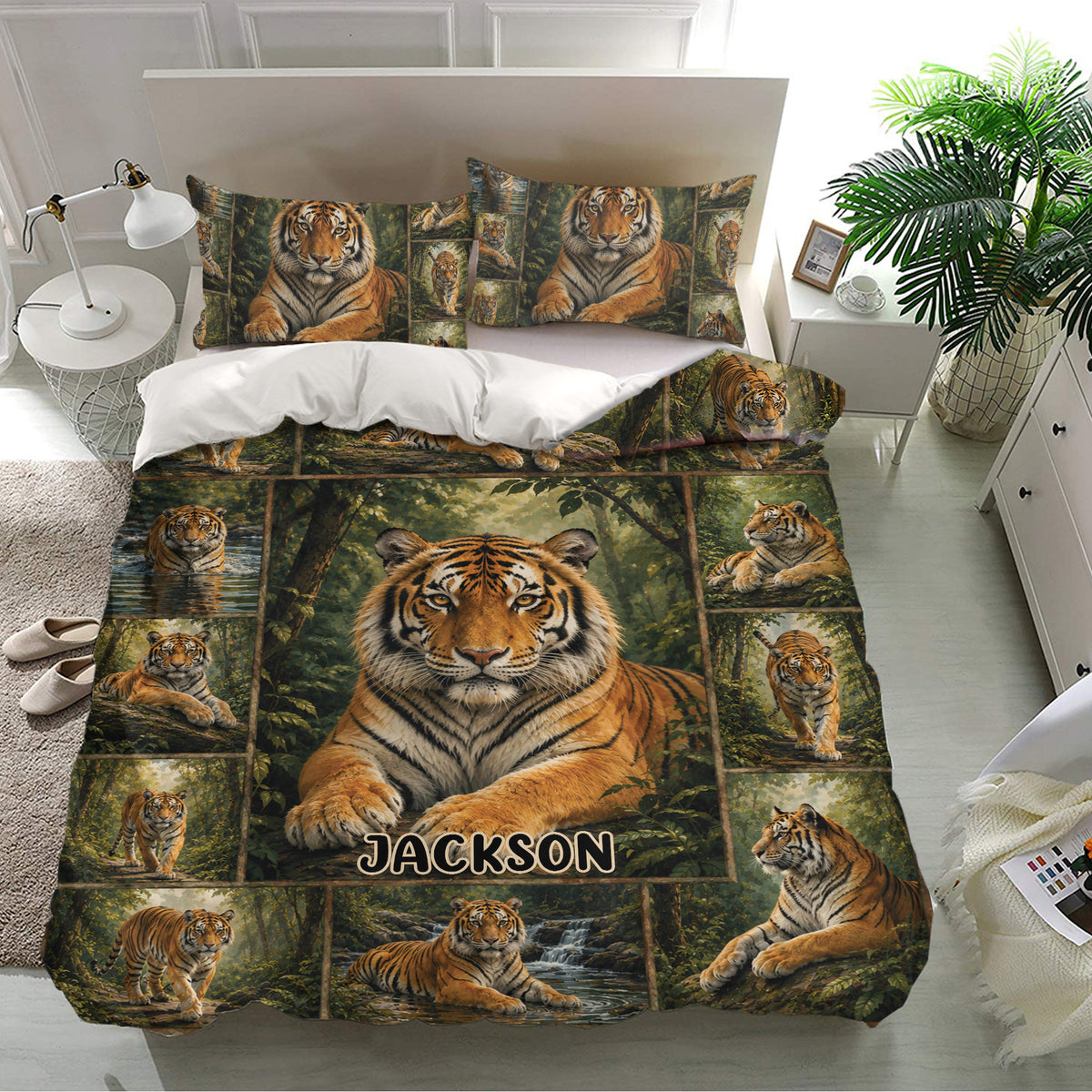 Tiger bedding set displayed in a bright bedroom with a large central tiger and jungle scenery