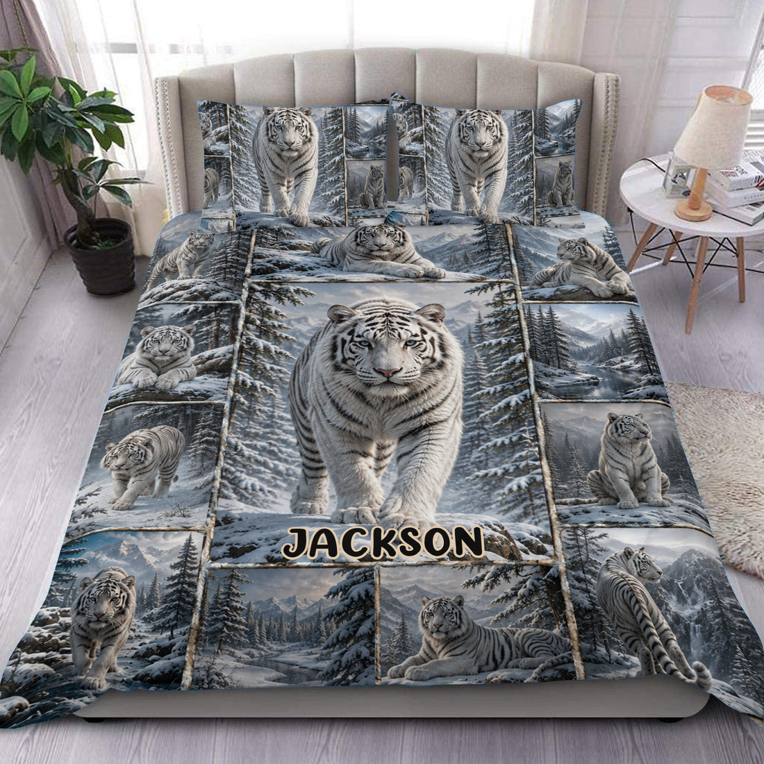 Tiger duvet cover set featuring white tigers in a snowy evergreen forest bedroom scene