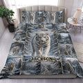 Tiger duvet cover set featuring white tigers in a snowy evergreen forest bedroom scene
