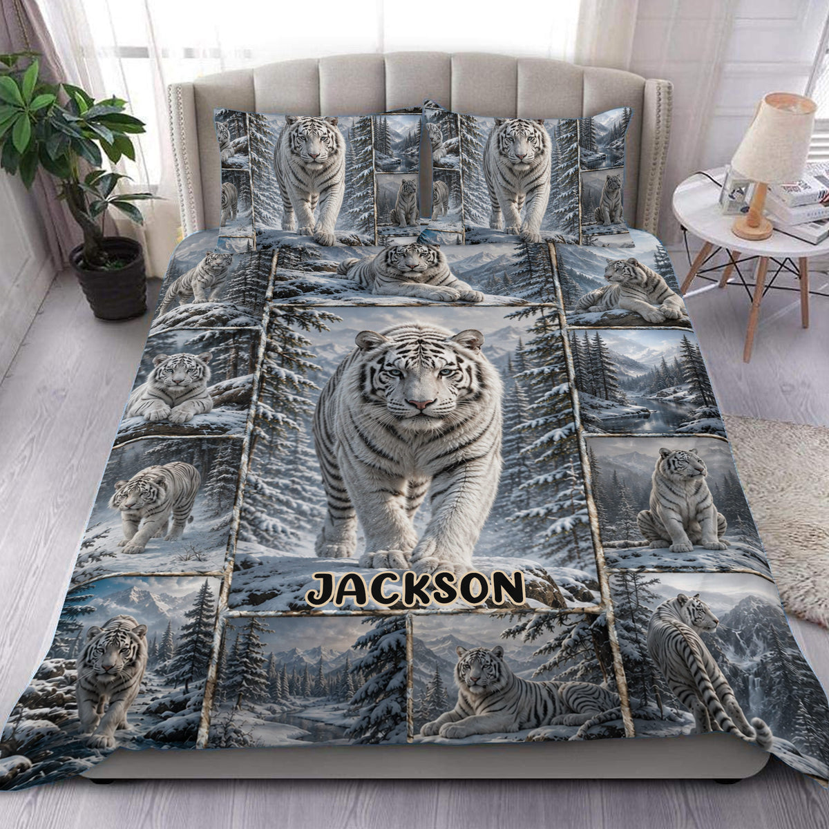 Tiger duvet cover set featuring white tigers in a snowy evergreen forest bedroom scene