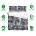 Tiger bedding set displayed with matching pillowcases and snowy forest artwork
