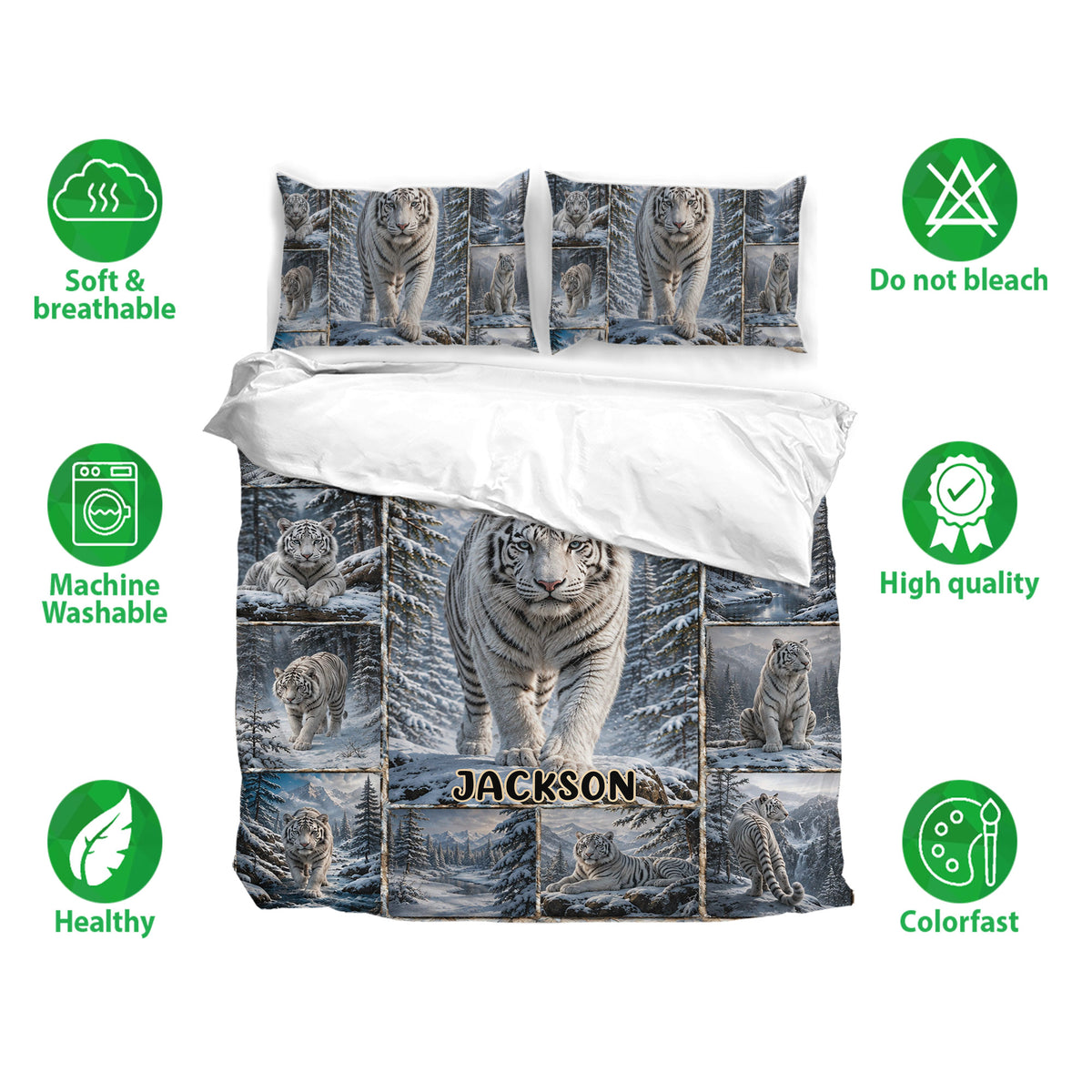 Tiger bedding set displayed with matching pillowcases and snowy forest artwork
