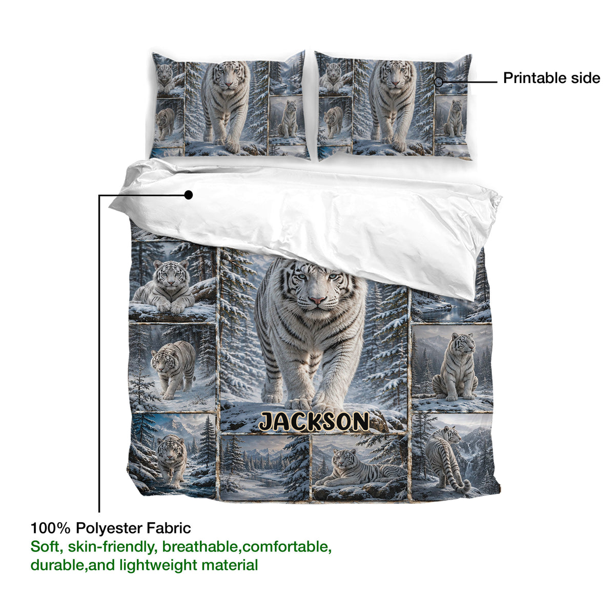 Tiger duvet cover set showing printable artwork and soft polyester fabric details