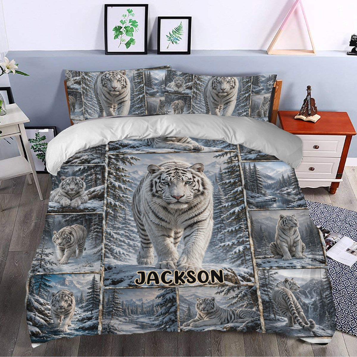 White tiger duvet cover styled in a modern bedroom with snowy mountain artwork