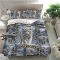 Tiger bedding set presented in a bright bedroom with white tiger forest artwork