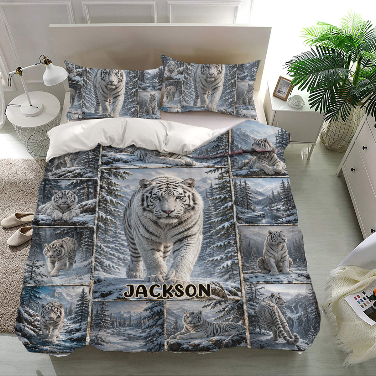 Tiger bedding set presented in a bright bedroom with white tiger forest artwork