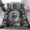 White tiger duvet cover set displayed on a bed with waterfall and forest artwork