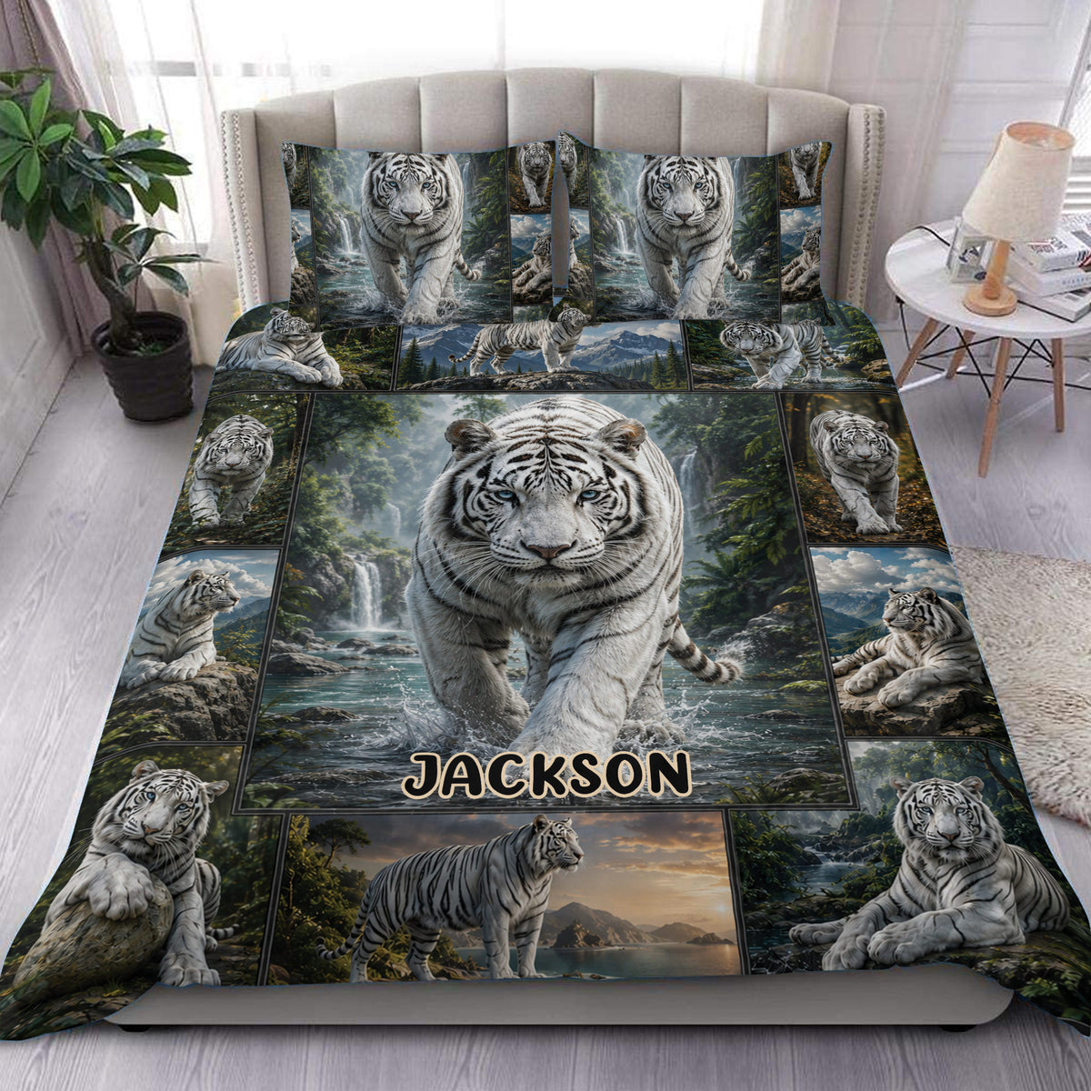 White tiger duvet cover set displayed on a bed with waterfall and forest artwork
