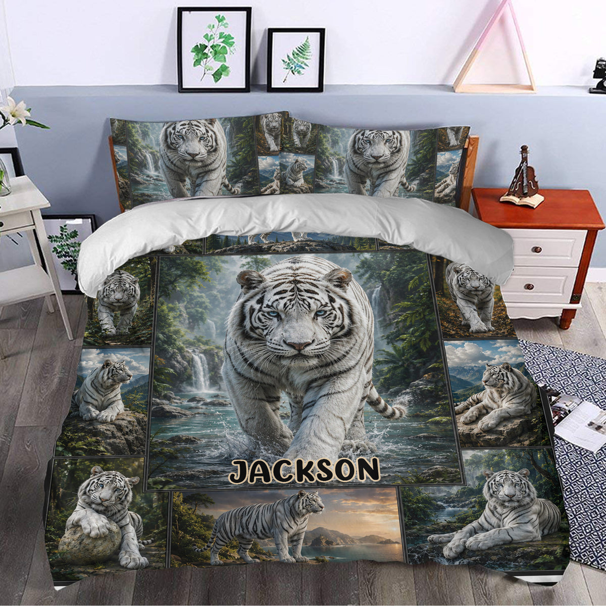 White tiger duvet cover bedding set styled in a modern bedroom with scenic artwork