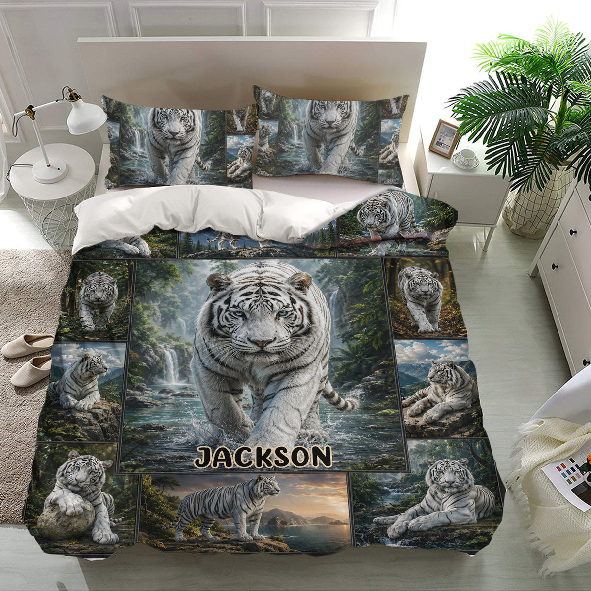 Tiger bedding set featuring white tigers, waterfalls, forests, and mountain landscapes