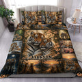 Tiger duvet cover set displayed on a bed with paired tigers, flowers, forest scenes, and sunset panels