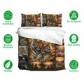 Tiger bedding set shown with matching pillowcases, breathable fabric icons, and a detailed wildlife design