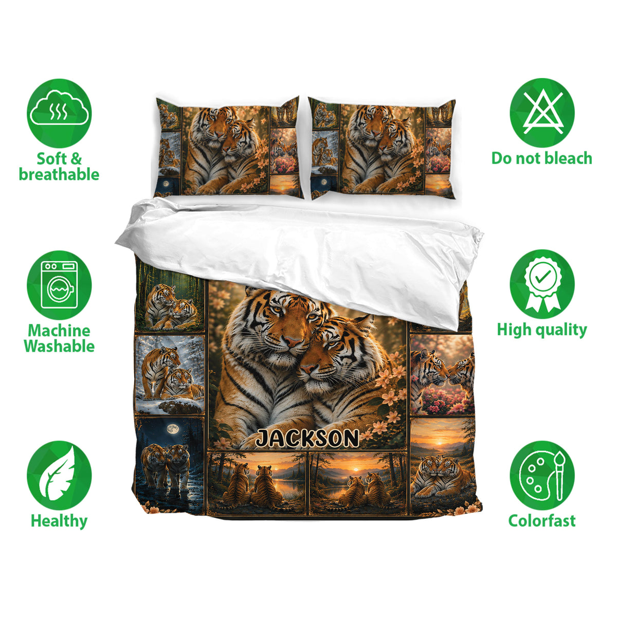 Tiger bedding set shown with matching pillowcases, breathable fabric icons, and a detailed wildlife design