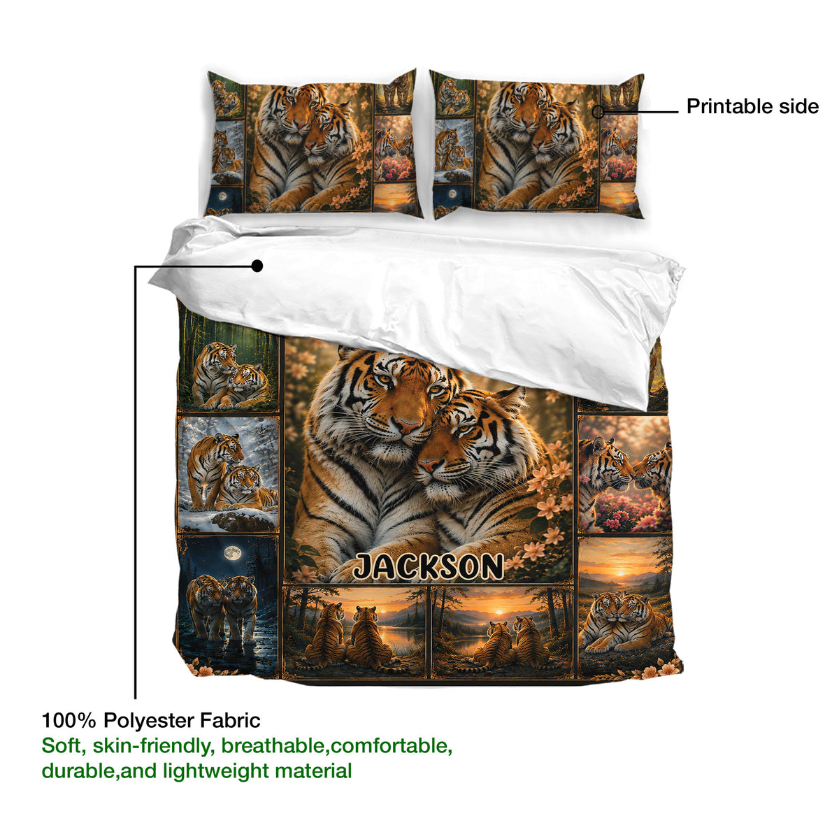 Tiger duvet cover bedding set showing the printed side, matching pillowcases, and soft polyester fabric detail