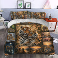 Tiger duvet cover styled in a bedroom with paired tiger artwork, flowers, forest scenes, and warm sunset tones