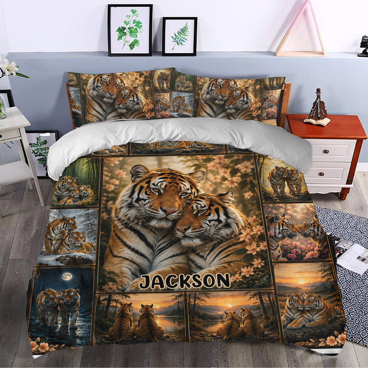 Tiger duvet cover styled in a bedroom with paired tiger artwork, flowers, forest scenes, and warm sunset tones