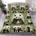 Panda duvet cover set displayed on a bed with bamboo forest artwork and a large central panda
