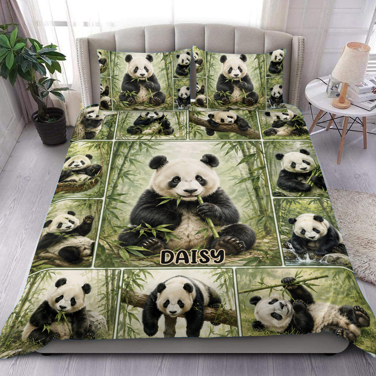 Panda duvet cover set displayed on a bed with bamboo forest artwork and a large central panda