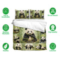 Panda bedding set shown with matching pillowcases, bamboo artwork, and soft breathable fabric icons