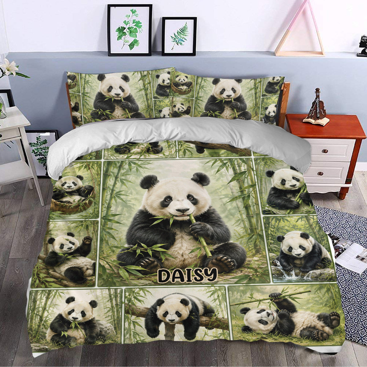 Panda duvet cover styled in a bedroom with green bamboo artwork and playful wildlife decor