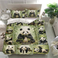 Panda bedding set presented in a bright bedroom with matching pillowcases and detailed bamboo artwork
