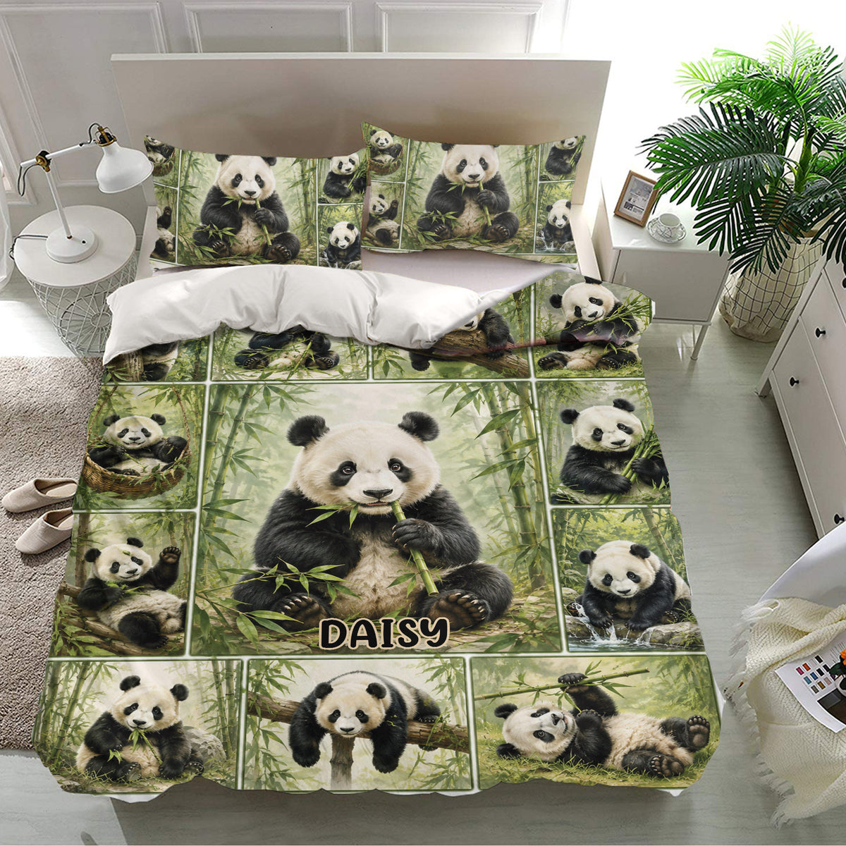 Panda bedding set presented in a bright bedroom with matching pillowcases and detailed bamboo artwork