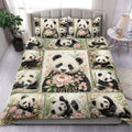 Panda duvet cover set displayed on a bed with floral artwork, bamboo accents, and multiple panda scenes