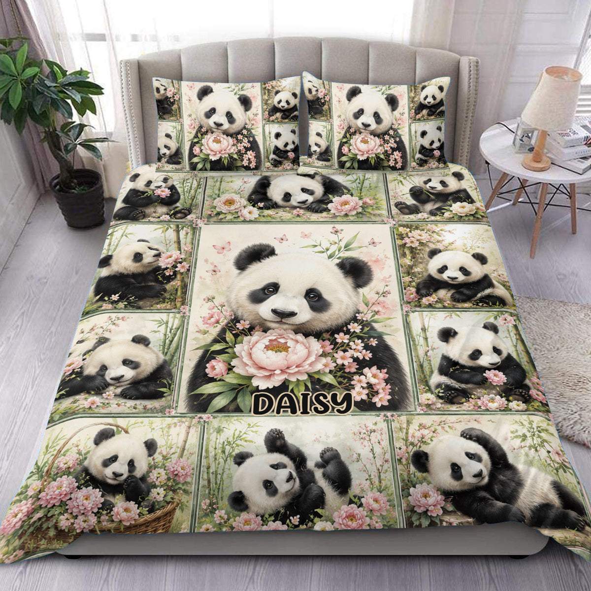 Panda duvet cover set displayed on a bed with floral artwork, bamboo accents, and multiple panda scenes