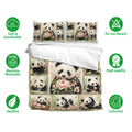 Panda bedding set with floral artwork shown with matching pillowcases and product feature icons