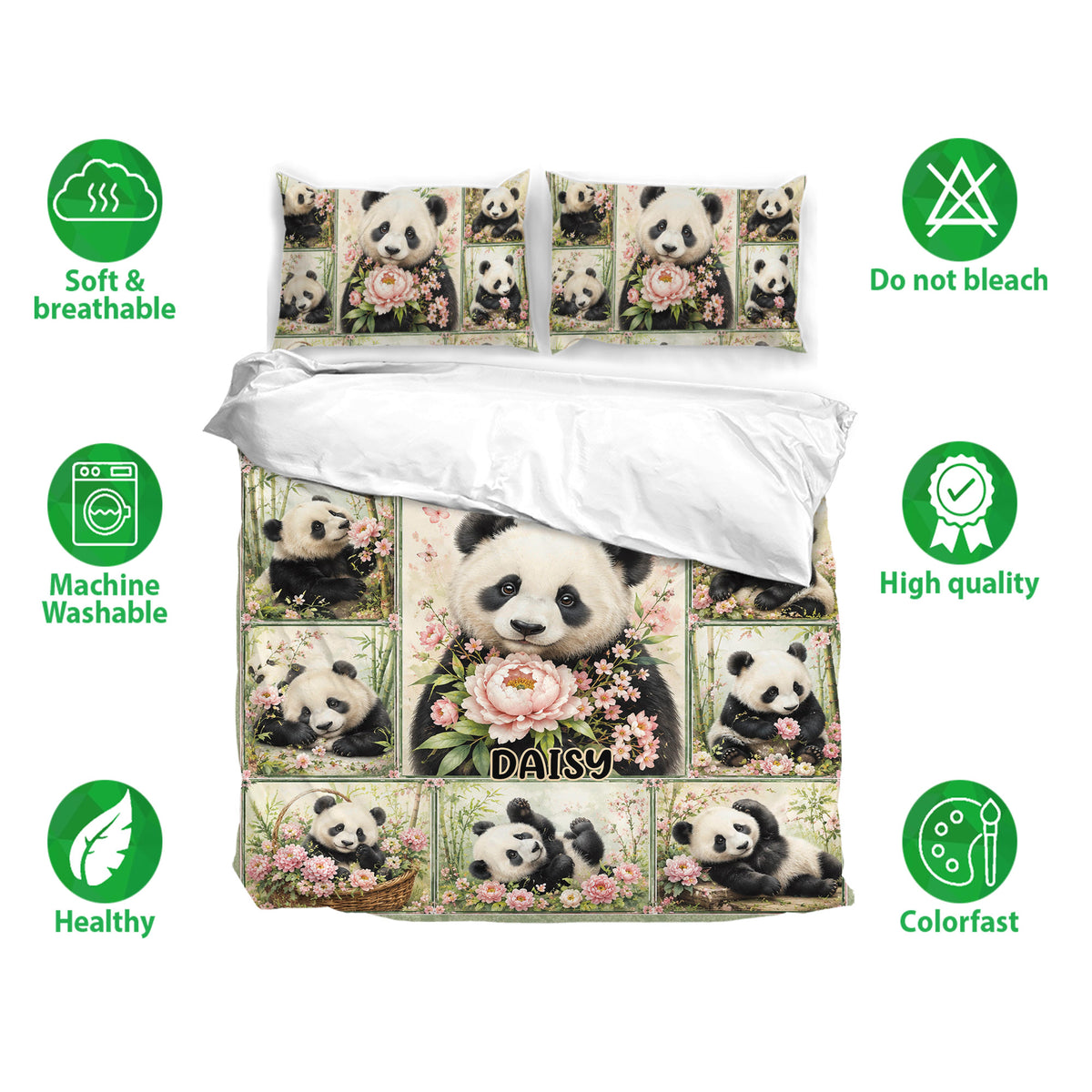 Panda bedding set with floral artwork shown with matching pillowcases and product feature icons