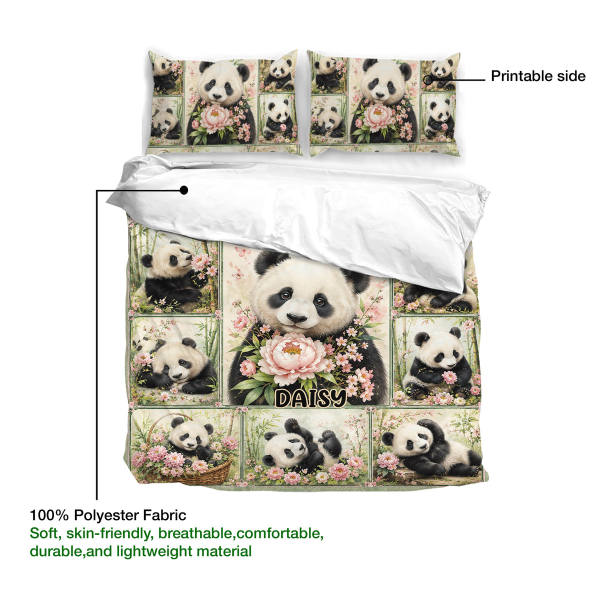 Panda duvet cover bedding set with floral garden artwork and a visible white reverse side