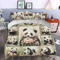 Panda duvet cover set styled in a bedroom with pink flowers, bamboo, and playful panda artwork