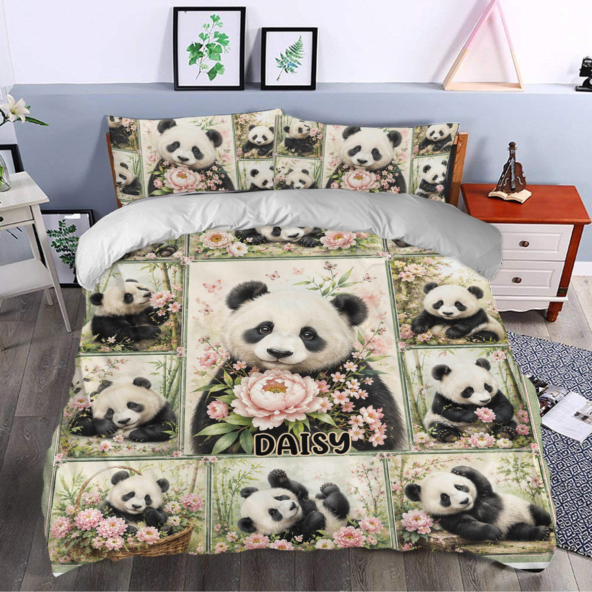 Panda duvet cover set styled in a bedroom with pink flowers, bamboo, and playful panda artwork