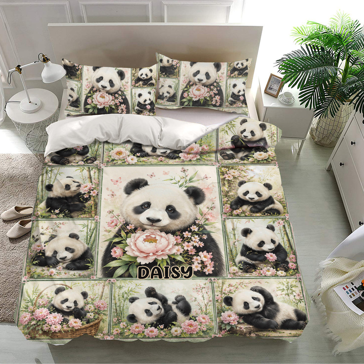 Panda bedding set shown in a bright bedroom with matching floral panda pillowcases and duvet cover