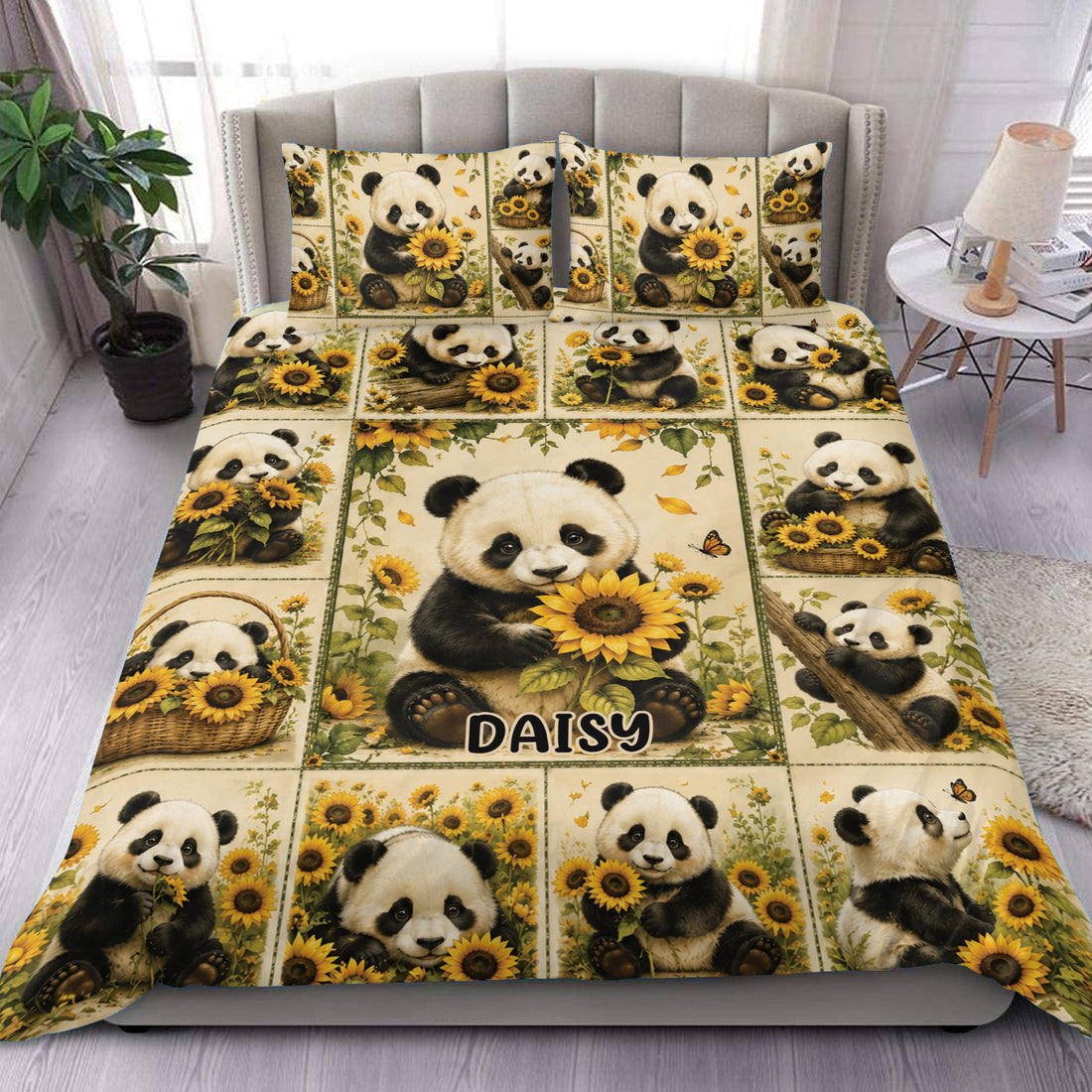 Panda duvet cover set with sunflower collage artwork styled across a modern bedroom