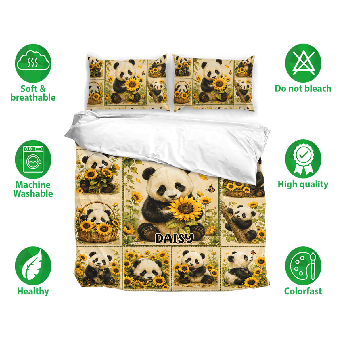 Panda duvet cover bedding set displayed with matching pillows and soft breathable bedding callouts