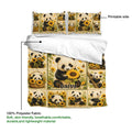 Panda duvet cover set showing sunflower artwork, printable side, and 100% polyester fabric details