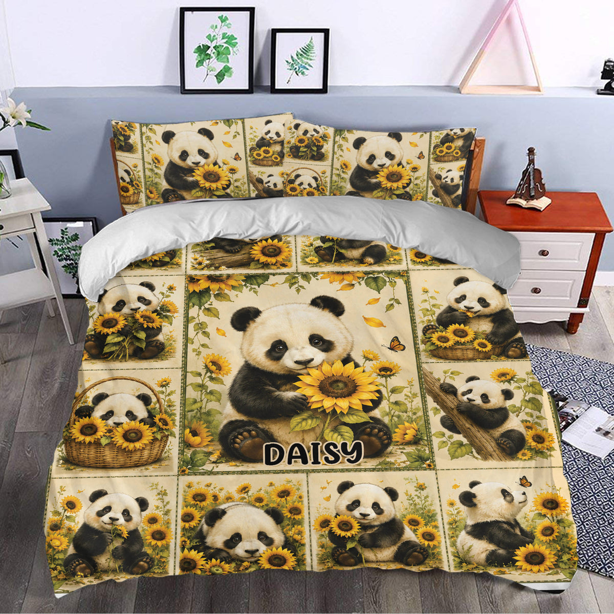 Panda and sunflower duvet cover set styled in a bright bedroom with coordinated decor