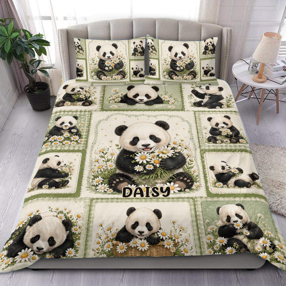 Panda duvet cover set with floral artwork in soft green and cream tones displayed in a bright bedroom