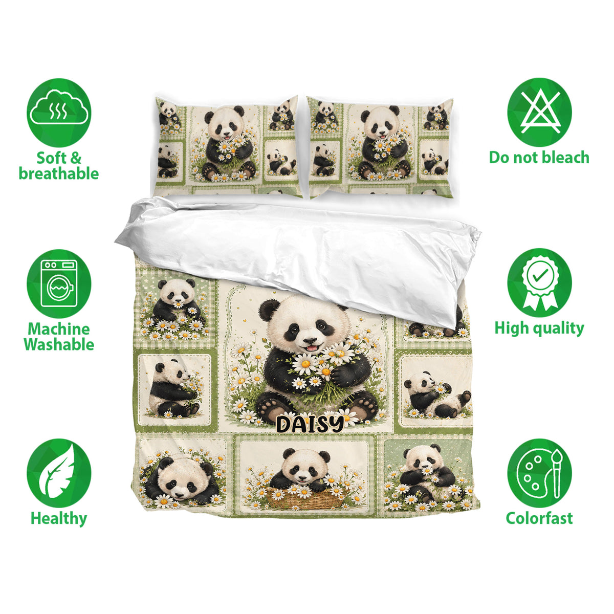 Panda bedding set with daisy artwork shown with matching pillowcases and soft green bedroom styling